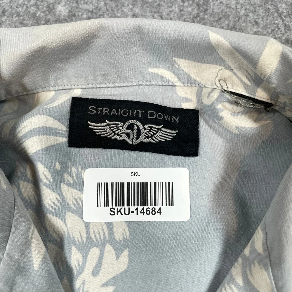 Straight Down Mens Pineapple Aloha Shirt M Kapalua Embroidered Blue Grey